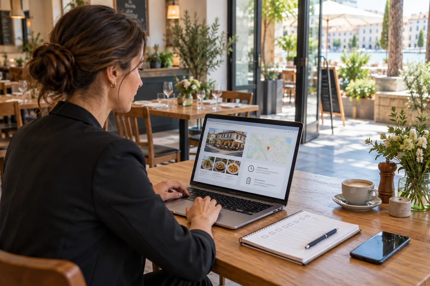 Étteremvezető laptopon ellenőrzi a vendégeknek szóló információkat.