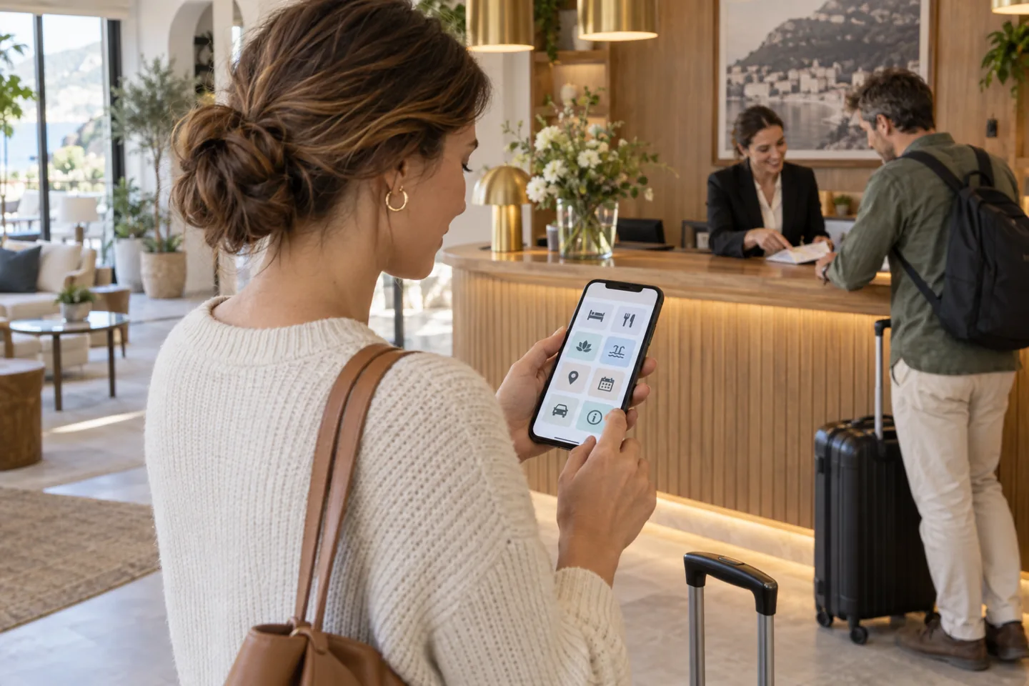Szállóvendég a recepció előtt mobilon nézi a szálláshely információit.